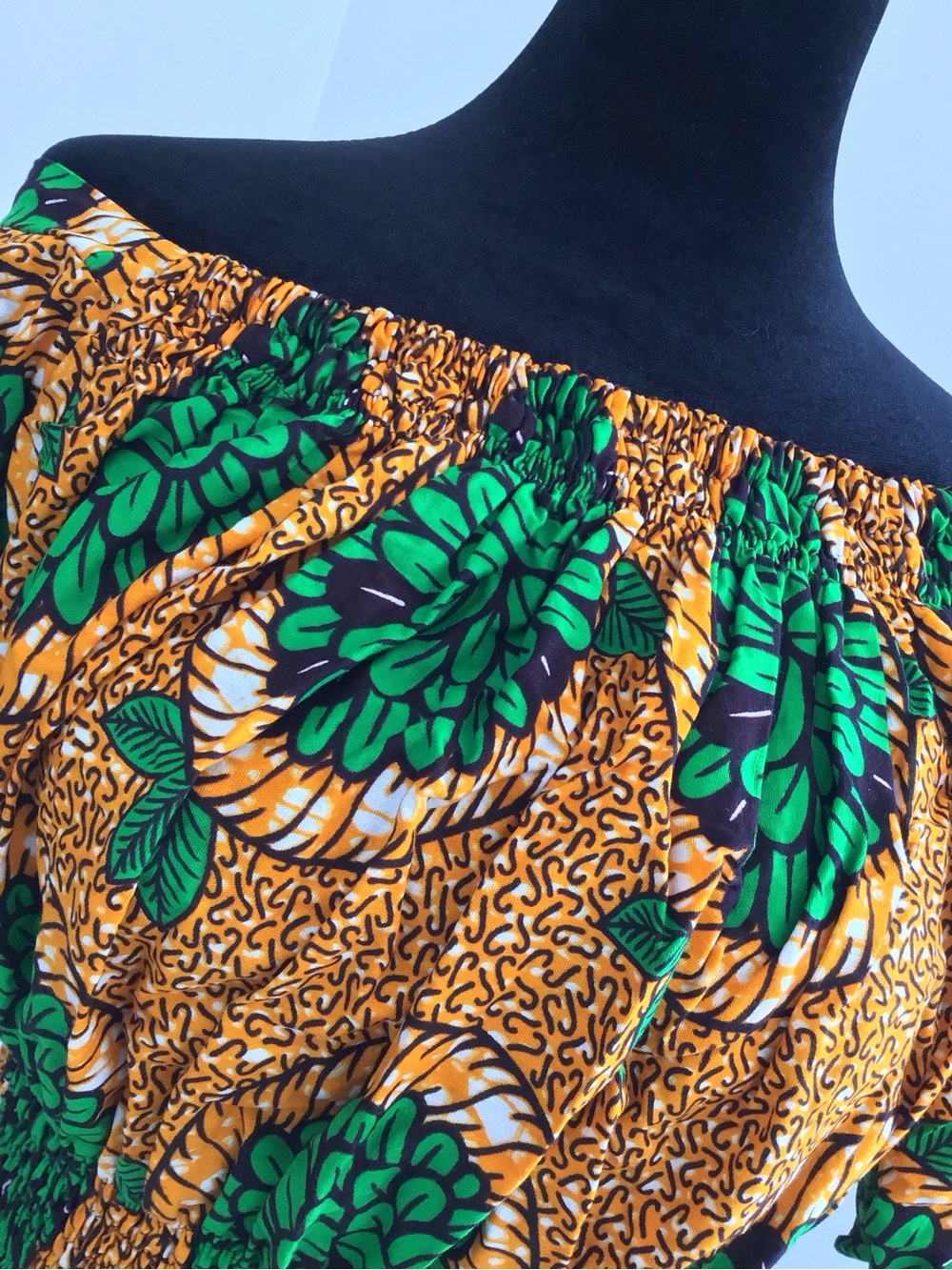 AFRICAN Print, Handmade Women’s Off-Shoulder Top Smocked Waist, Flared Sleeves